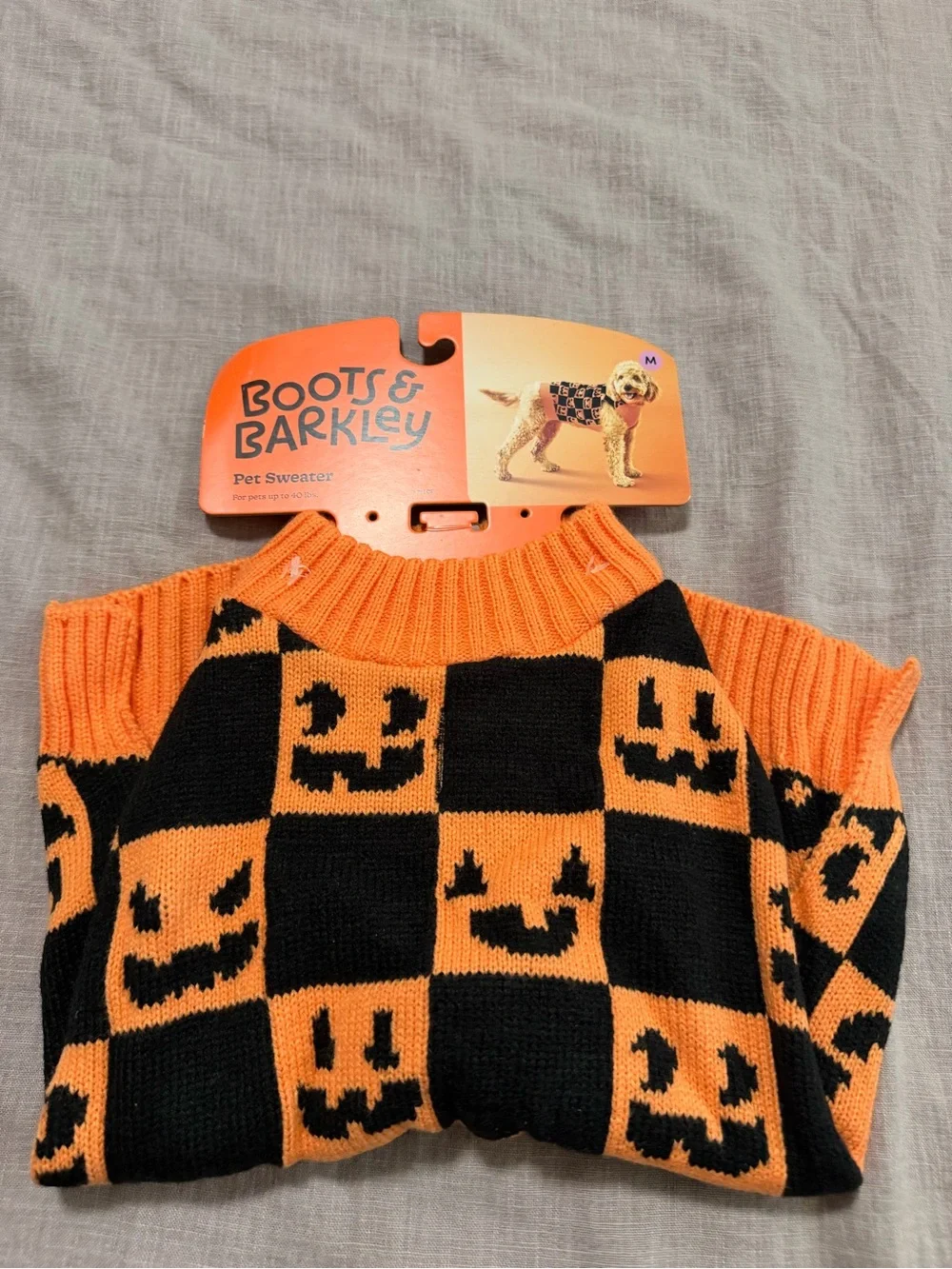 Boots & Barkley Orange and Black Pumpkin Checker Pet Sweater Medium Sized Dog